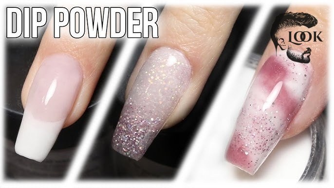 Three beautiful dip powder nail designs including French, Ombre, and Marble