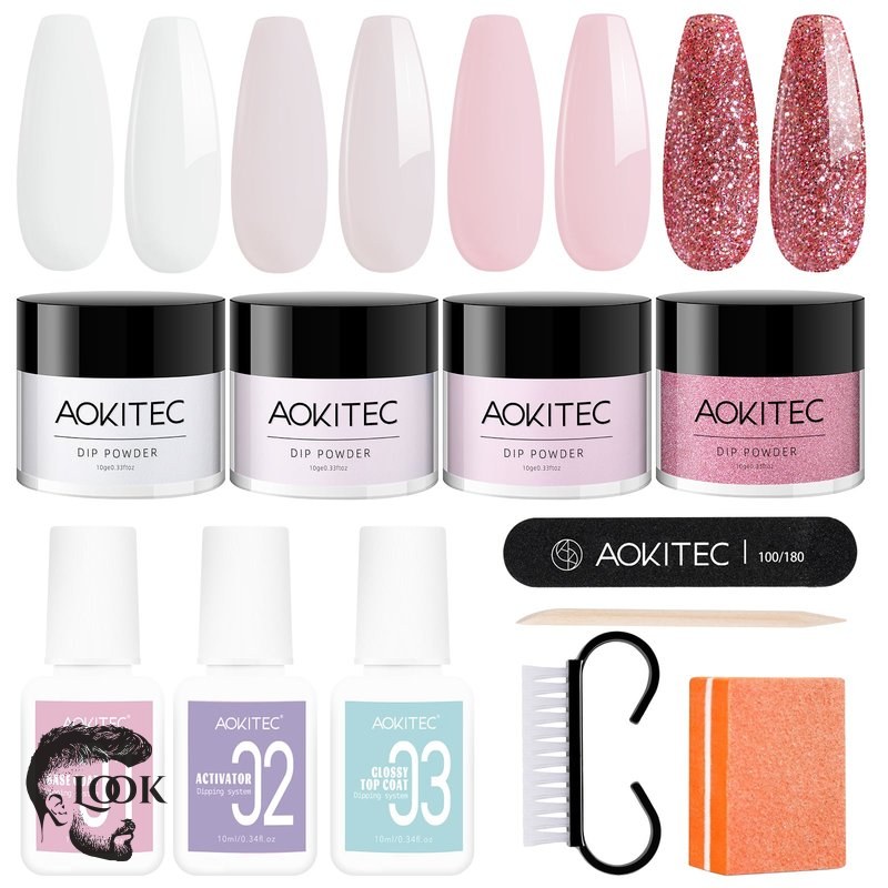 Dip Powder Application Steps Aokitec Nail Kit Starter - 4 Colors White Nude Pink Glitter Nail Dip P – Aokitec Store